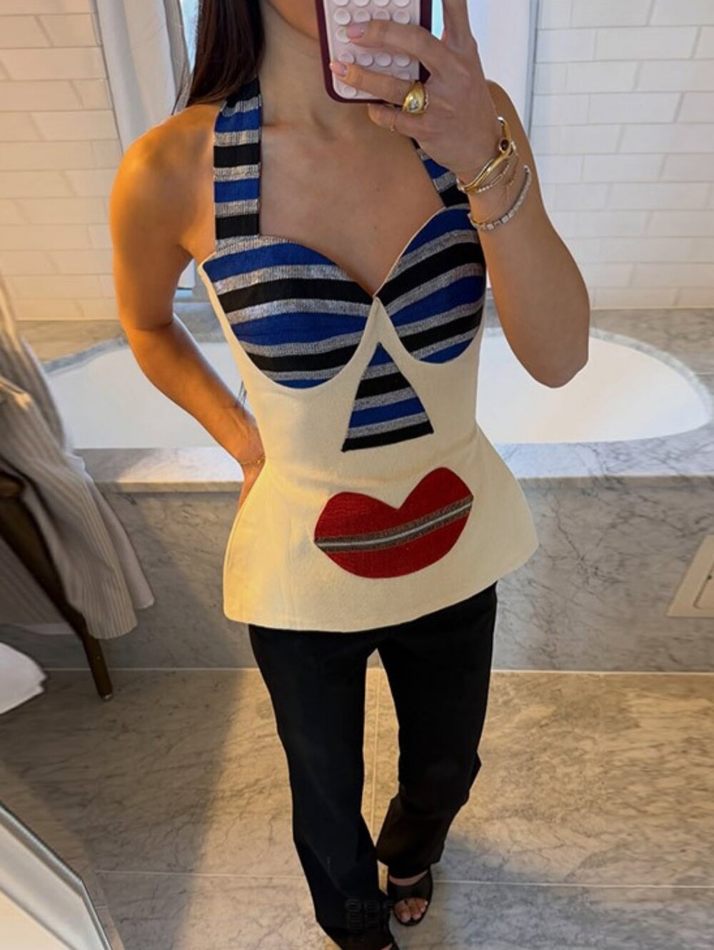 Cream Halter Top with Blue Stripes and Red Lip Accent